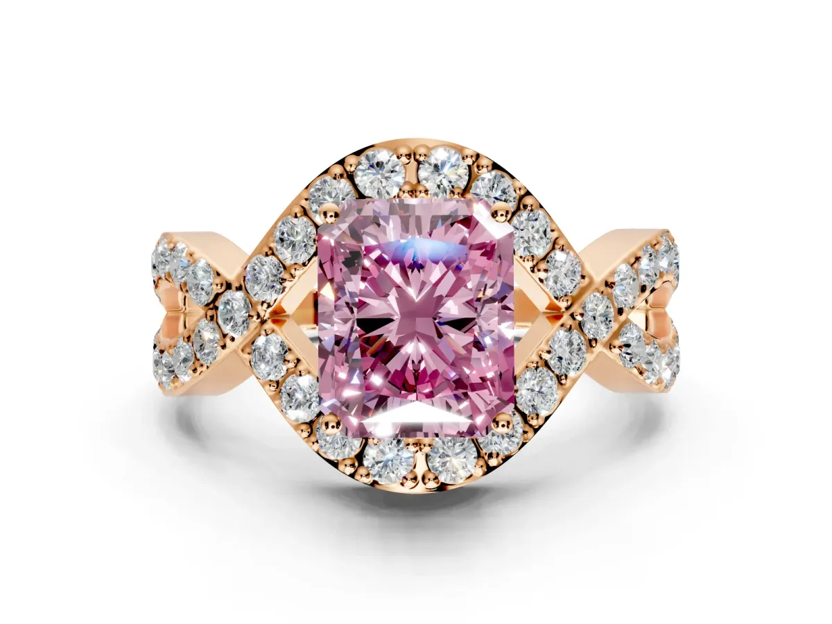 Halo Engagement Ring Setting for Fancy Pink Radiant Cut Center with Pave Infinity Twist Band and Prong Head in Rose Gold