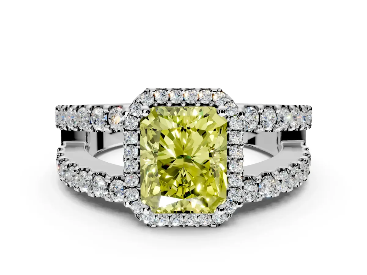 Halo Engagement Ring Setting for Fancy Yellow Radiant Cut Center with Wide-Open Pave Split Shank and Prong Head in Platinum
