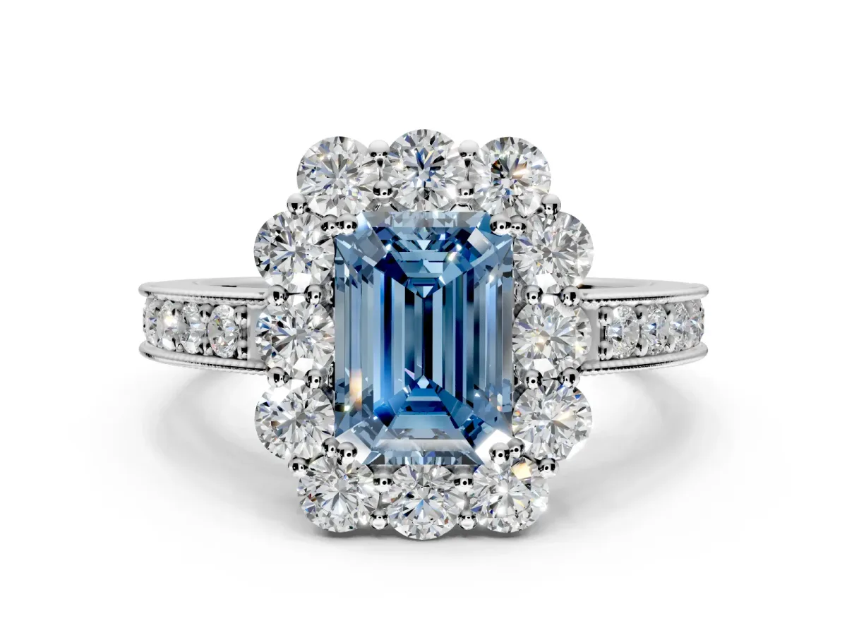 Halo Engagement Ring Setting for Fancy Blue Emerald Cut Center with Milgrain Channel Band and Prong Head in Sterling Silver