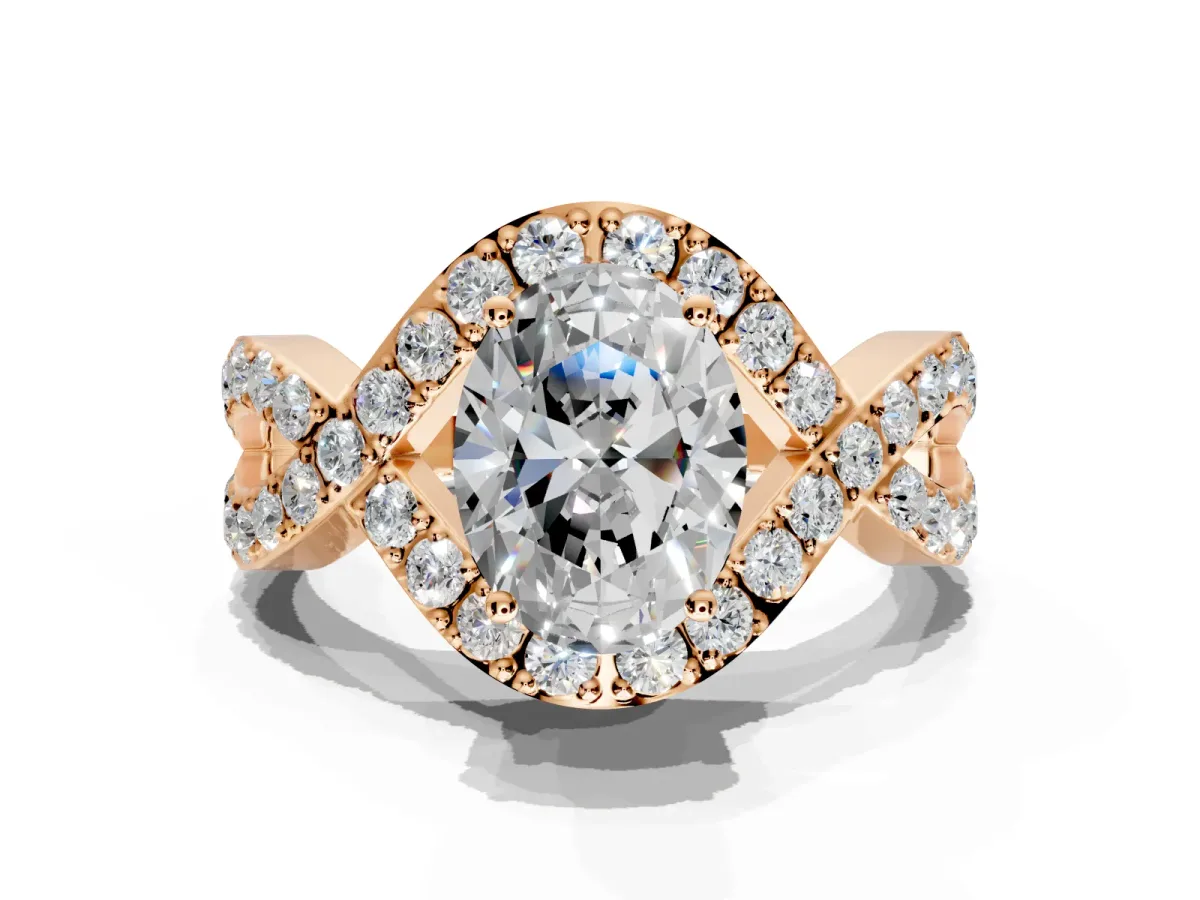 Halo Engagement Ring Setting for Oval Center with Pave Infinity Twist Band and Prong Head in Rose Gold