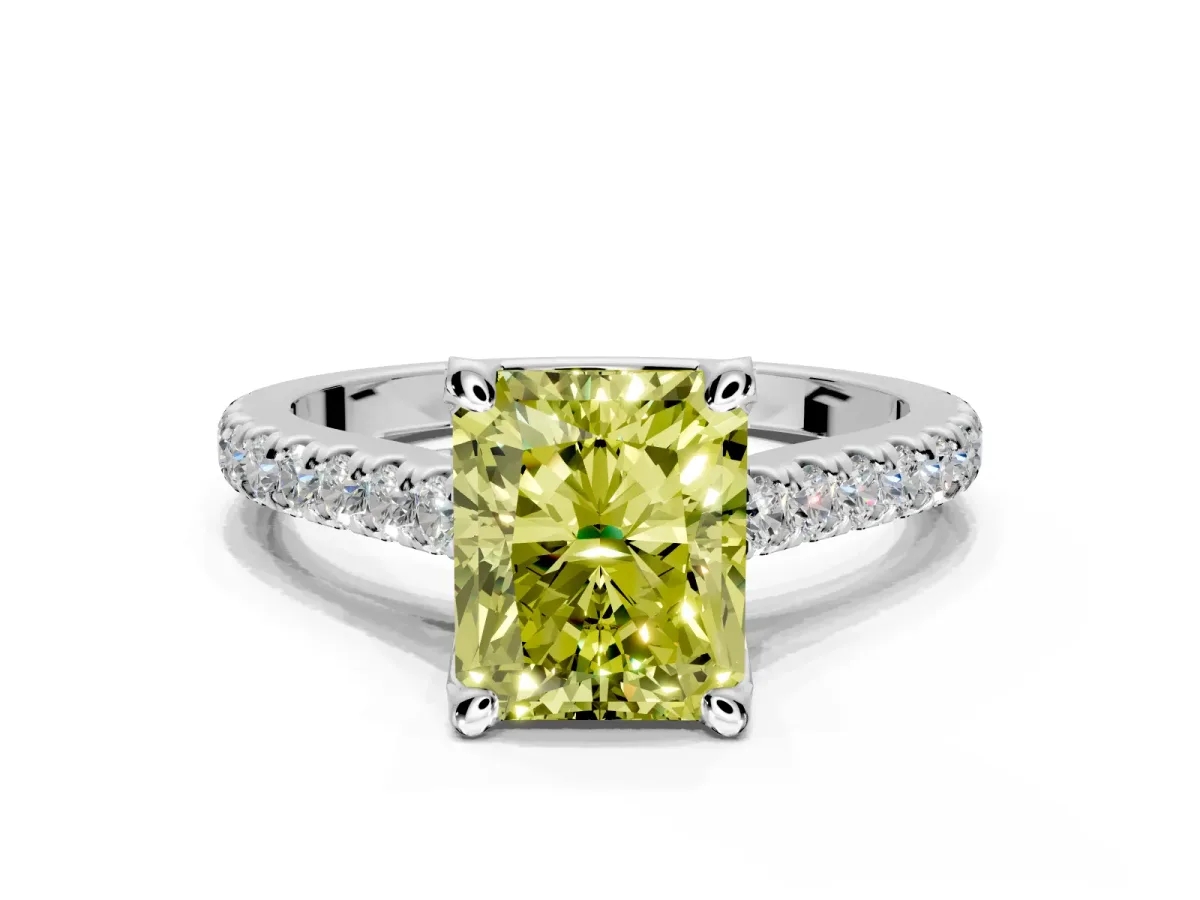 Solitaire Engagement Ring Setting for Fancy Yellow Radiant Cut Center with Widening Pave Band and Claw Prong Head in White Gold
