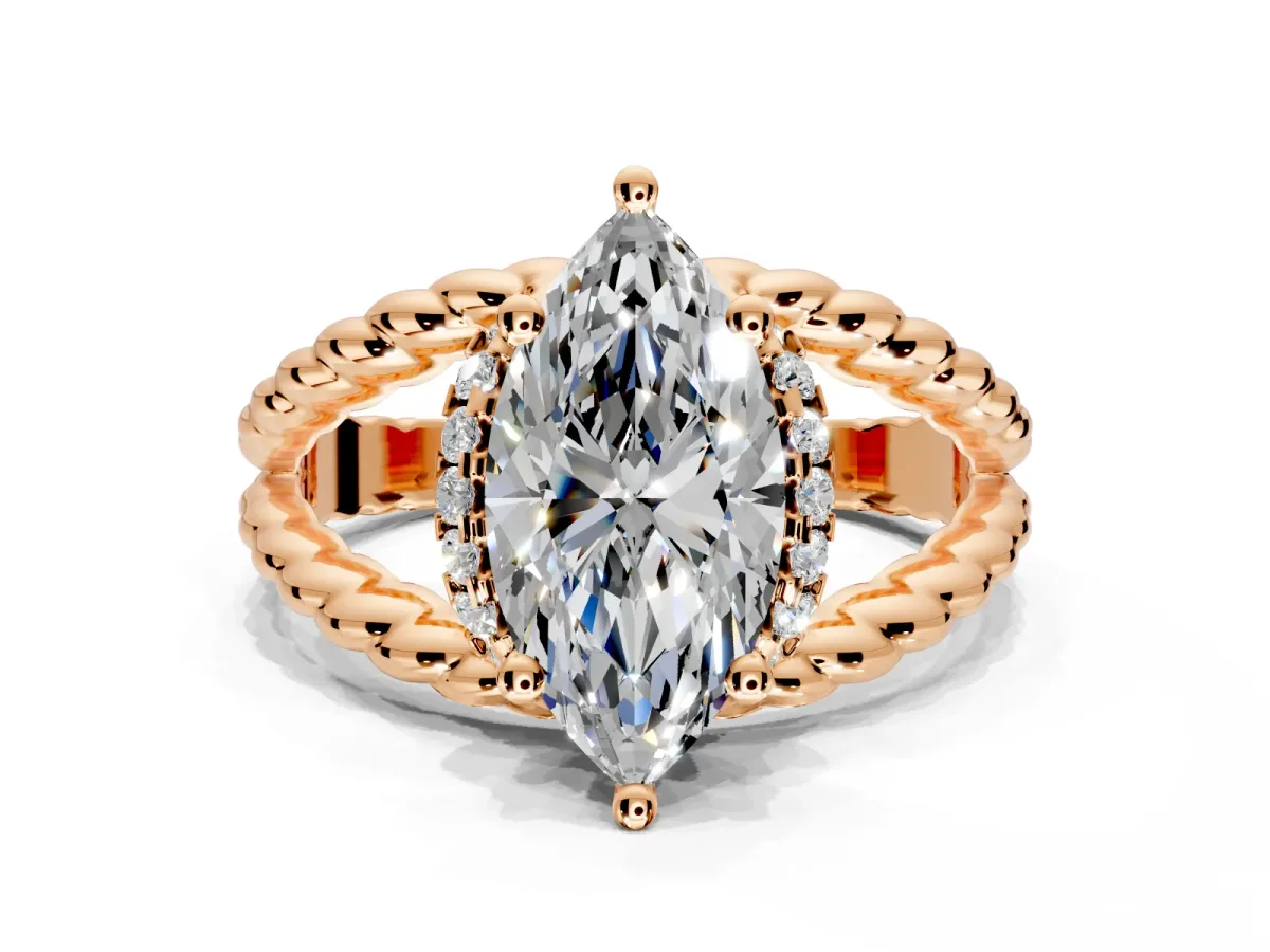 Halo Engagement Ring Setting for Marquise Center with Rope Twist Split Shank and Prong Head in Rose Gold