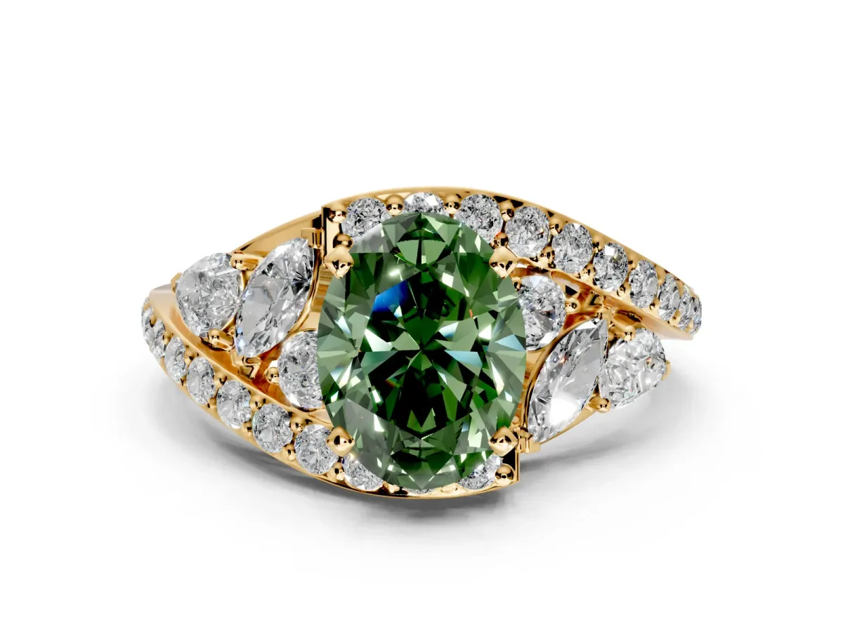 Halo Engagement Ring Setting for Fancy Green Oval Center with Marquise and Pave Bypass Band and Prong Head in Yellow Gold