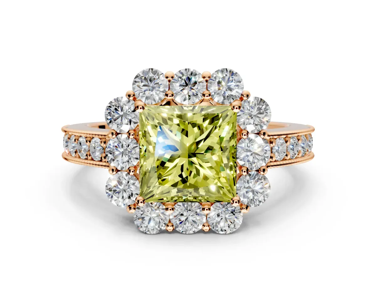 Halo Engagement Ring Setting for Fancy Yellow Princess Cut Center with Milgrain Channel Band and Prong Head in Rose Gold