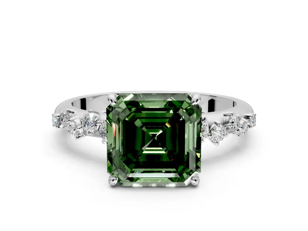 Cluster Engagement Ring Setting for Fancy Green Asscher Cut Center with Round Cut Accent Band and Prong Head in Platinum