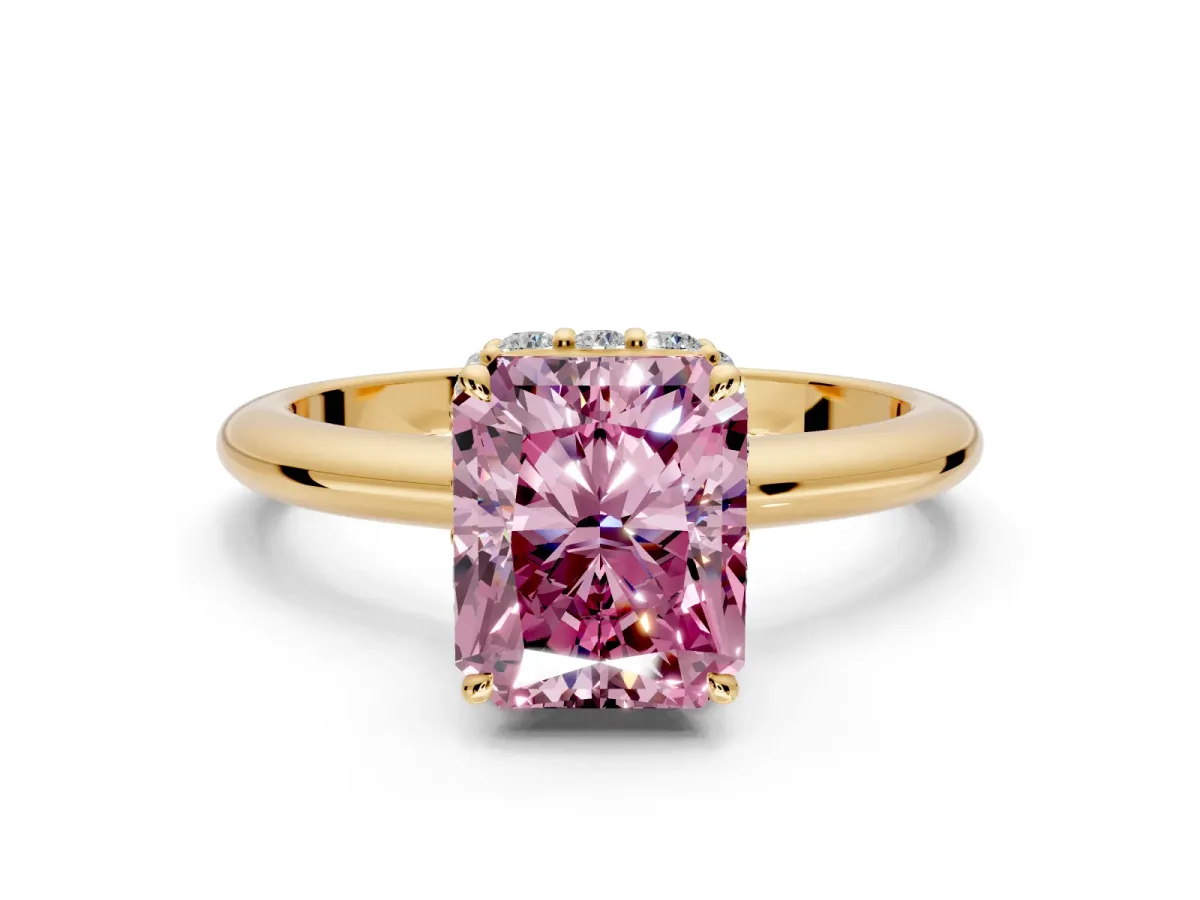 Hidden Halo Engagement Ring Setting for Fancy Pink Radiant Cut Center with Plain Rounded Band and Prong Head in Yellow Gold