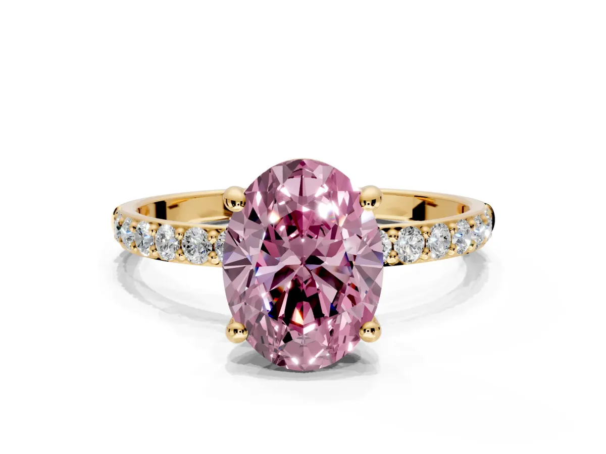 Solitaire Engagement Ring Setting for Fancy Pink Oval Center with Pave Accents and Prong Head in Yellow Gold