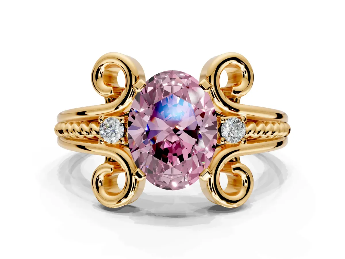 Solitaire Engagement Ring Setting for Fancy Pink Oval Center with Twisted Band and Scroll Prong Head in Yellow Gold