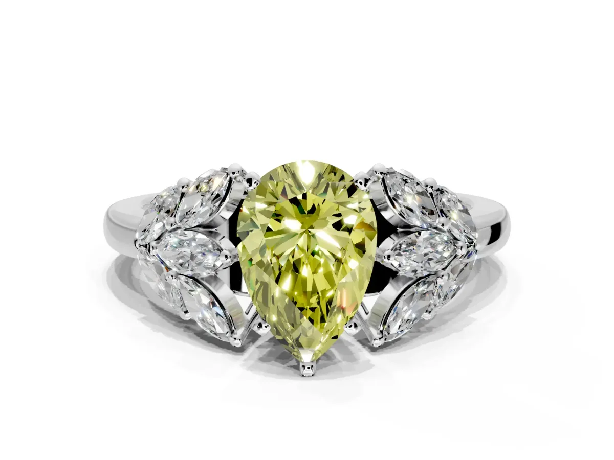 Leaf Cluster Engagement Ring Setting for Fancy Yellow Pear-Shaped Center with Marquise Accents and Prong Head in Sterling Silver