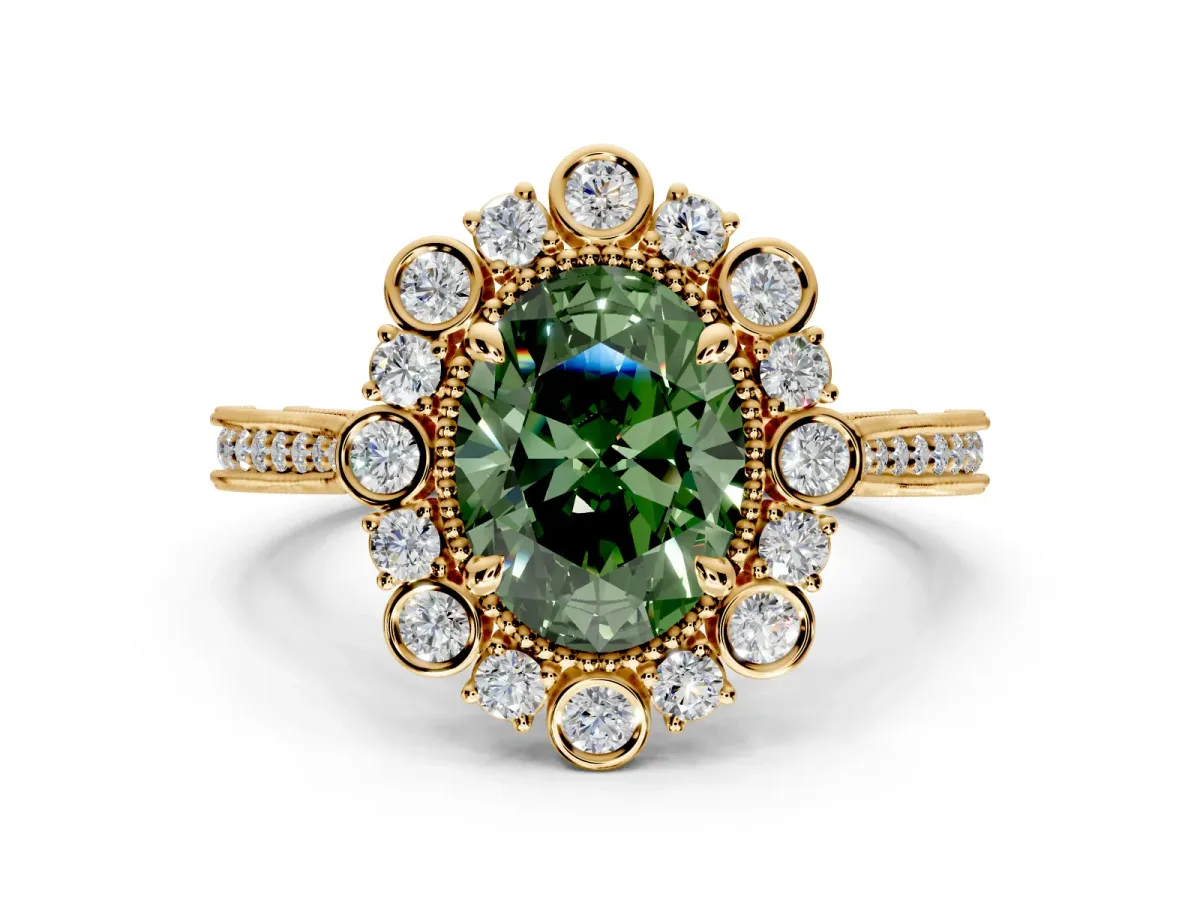 Milgrain Halo Engagement Ring Setting for Fancy Green Oval Center with Bezel Point Accents and Prong Head in Yellow Gold
