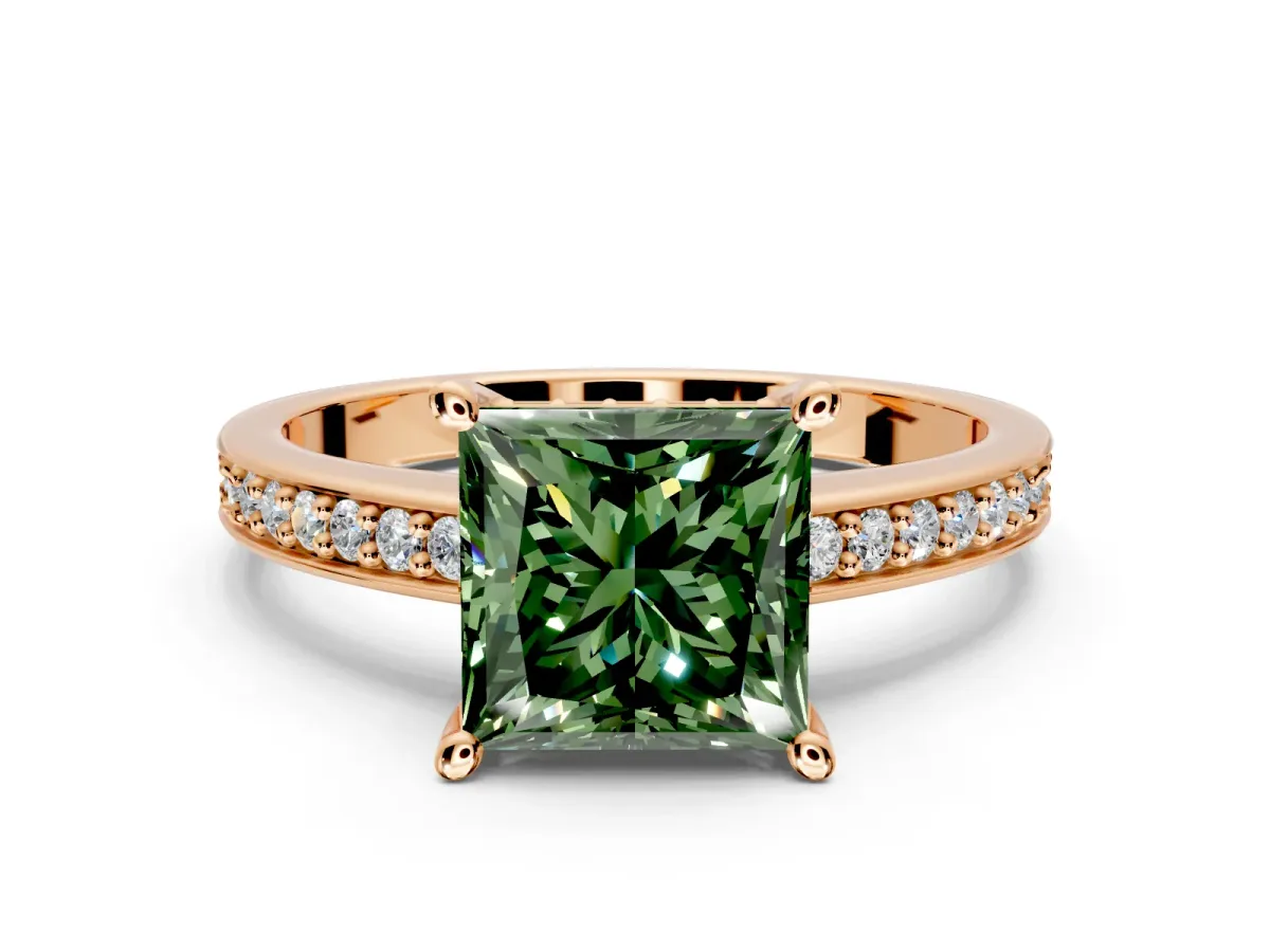 Solitaire Engagement Ring Setting for Fancy Green Princess Cut Center with Channel-Set Accent Band and Prong Head in Rose Gold