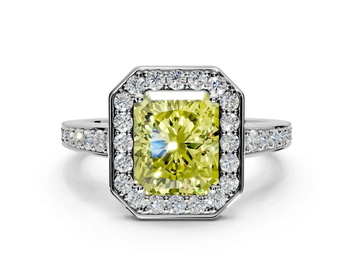 Bezel-Framed Halo Engagement Ring Setting for Fancy Yellow Radiant Cut Center with Pave Band and Prong Head in Sterling Silver