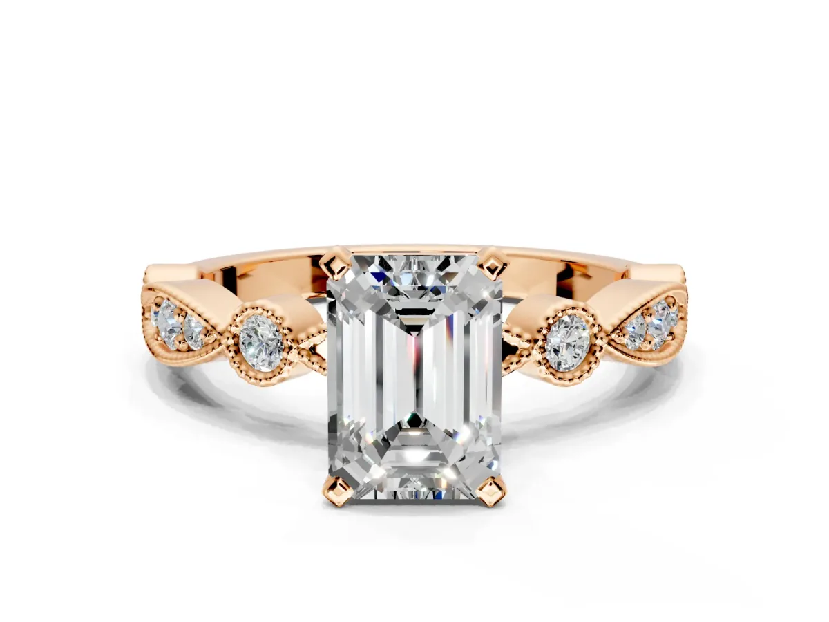 Solitaire Engagement Ring Setting for Emerald Cut Center with Milgrain Bezel Accents and Prong Head in Rose Gold