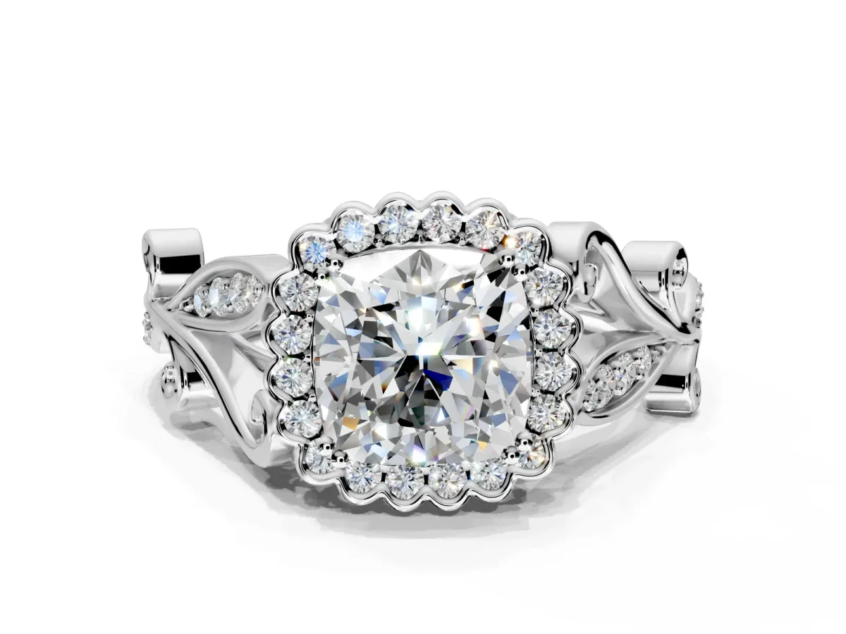 Halo Engagement Ring Setting for Cushion Cut Center with Leaf Motif Split Shank and Prong Head in Sterling Silver