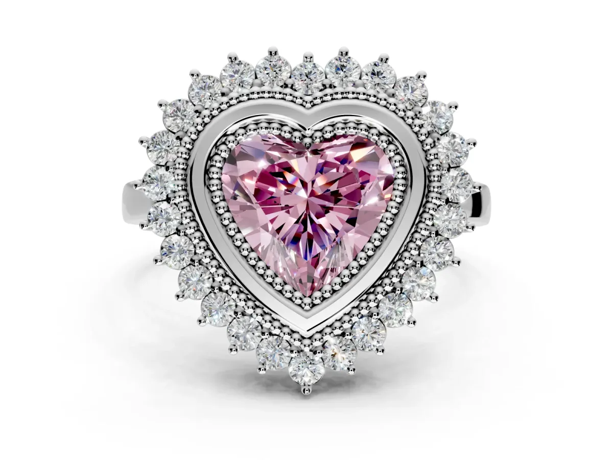 Halo Engagement Ring Setting for Fancy Pink Heart-Shaped Center with Milgrain Bezel Rim, Plain Band and Prong Head in White Gold