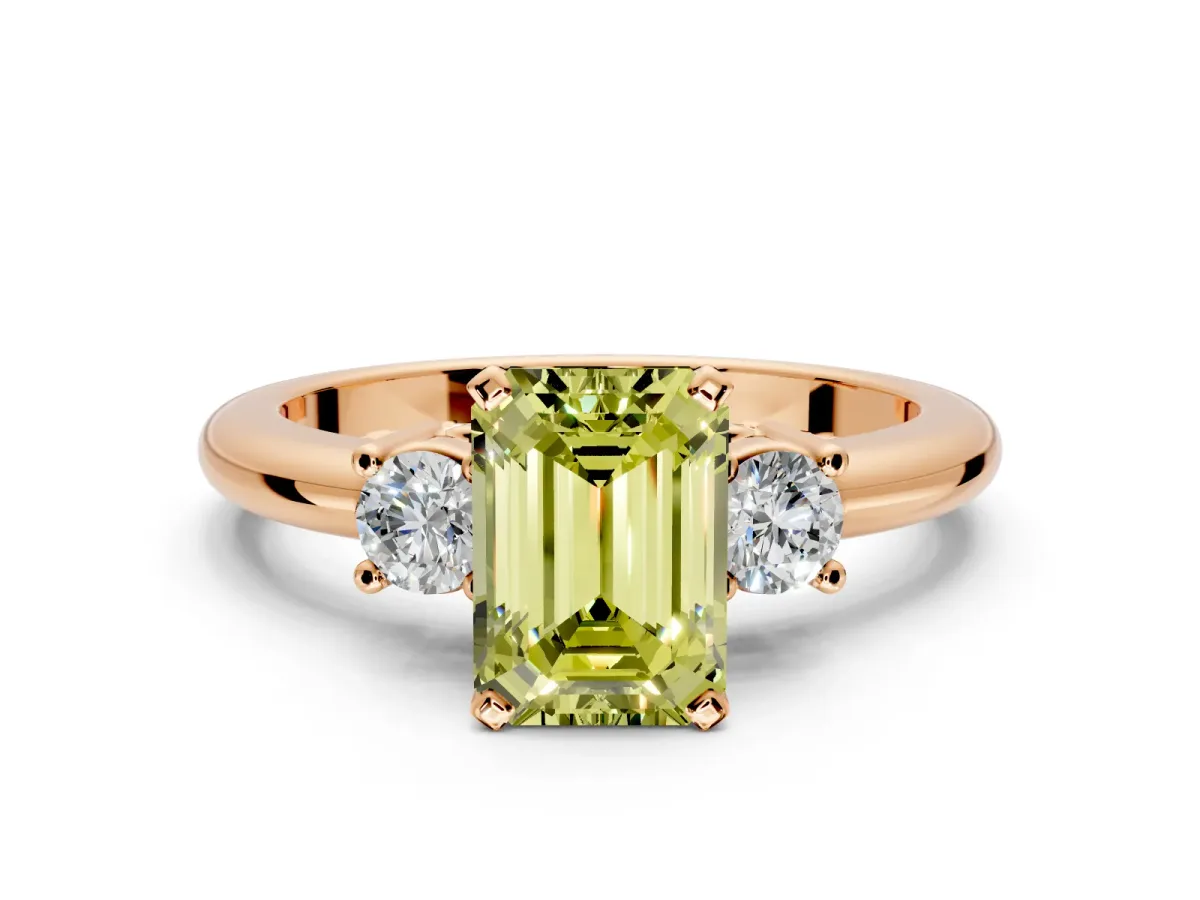 3 Stone Engagement Ring Setting for Fancy Yellow Emerald Cut Center with Wide Plain Band and Prong Head in Rose Gold
