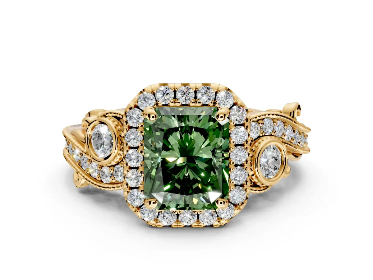 Milgrain Halo Engagement Ring Setting for Fancy Green Radiant Cut Center with Shoulder Bezels and Prong Head in Yellow Gold