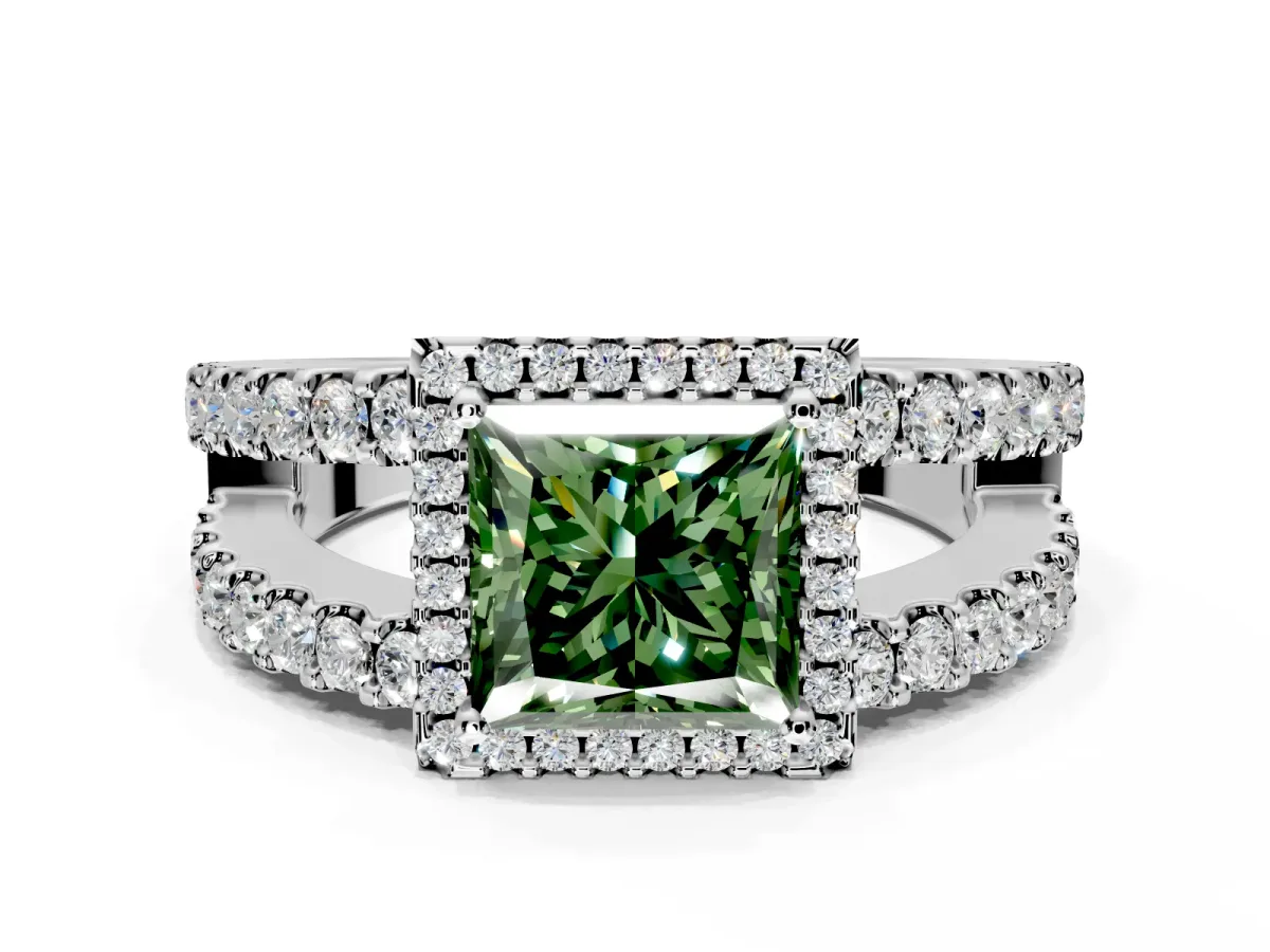 Halo Engagement Ring Setting for Fancy Green Princess Cut Center with Wide-Open Pave Split Shank and Prong Head in Sterling Silver
