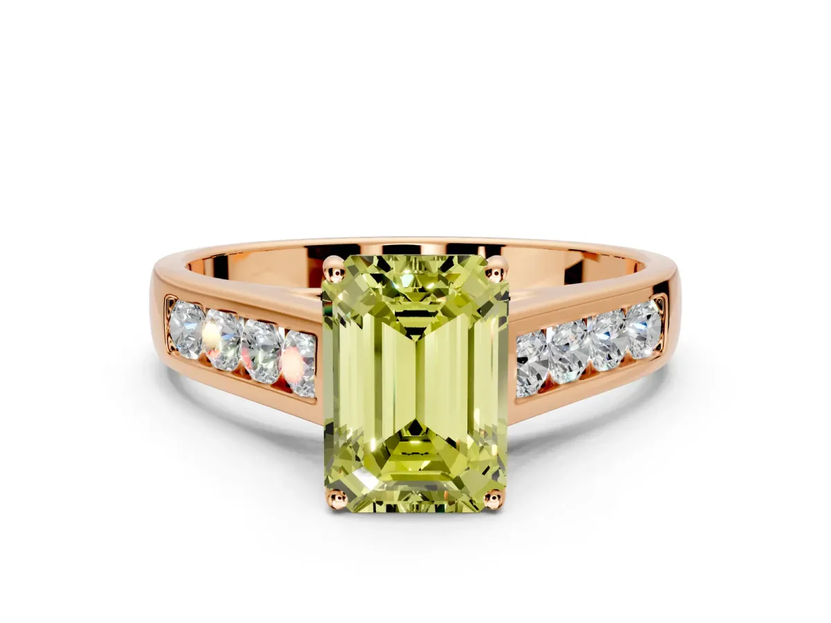 Solitaire Engagement Ring Setting for Fancy Yellow Emerald Cut Center with Round Cut Channel Band and Prong Head in Rose Gold