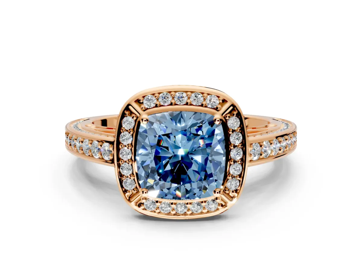 Halo Engagement Ring Setting for Fancy Blue Cushion Cut Center with Framed Halo, Pave Band and Prong Head in Rose Gold