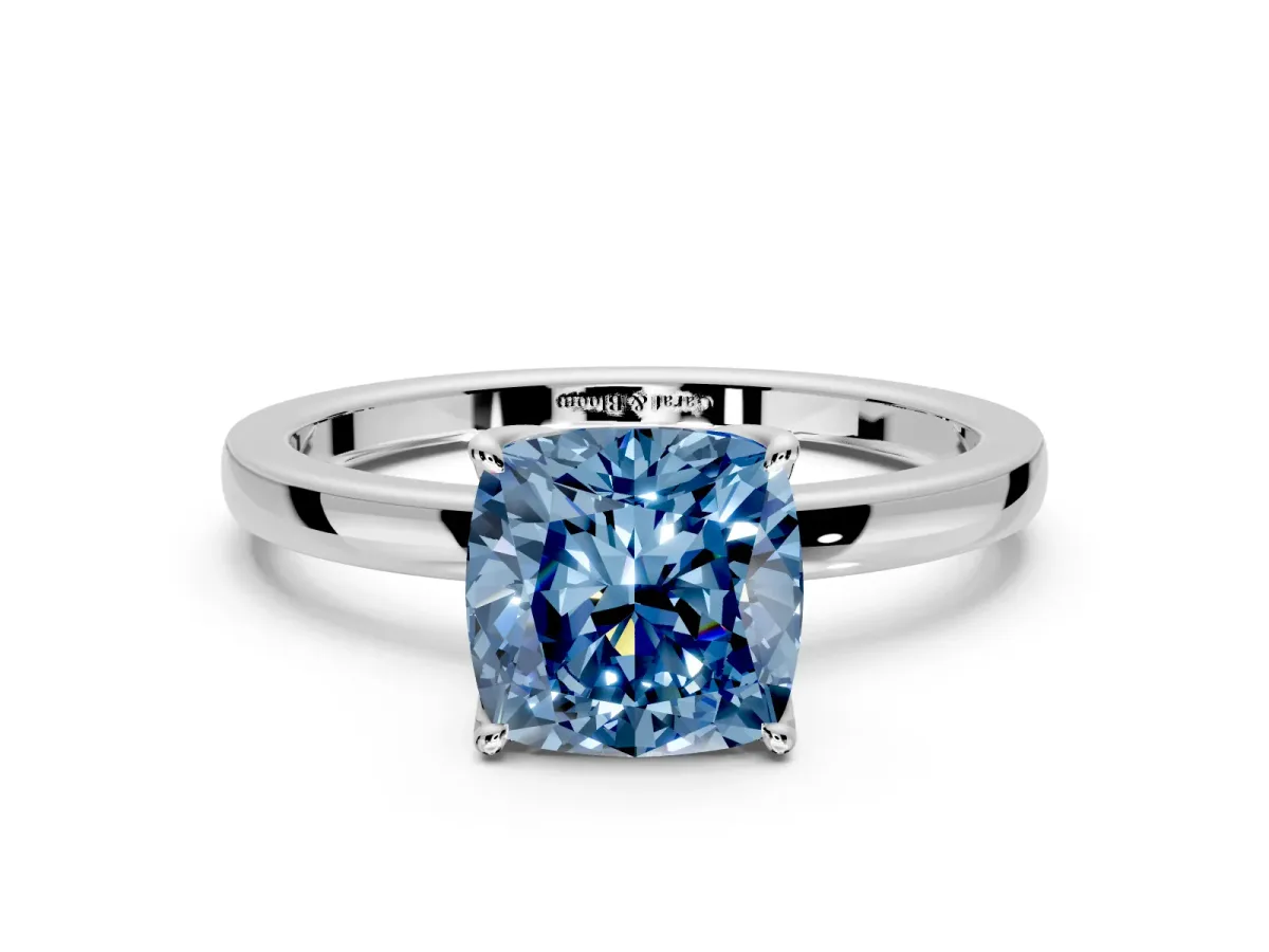 Solitaire Engagement Ring Setting for Fancy Blue Cushion Cut Center with Thin Rounded Plain Band and Prong Head in White Gold