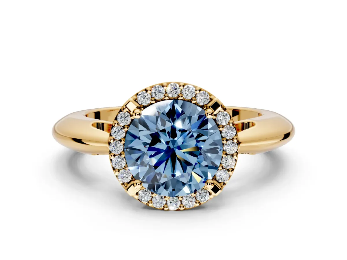 Halo Engagement Ring Setting for Fancy Blue Round Cut Center with Tapered Plain Band and Prong Head in Yellow Gold