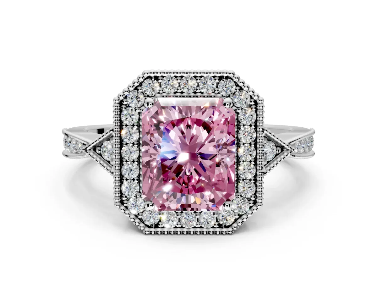 Halo Engagement Ring Setting for Fancy Pink Radiant Cut Center with Milgrain Rim, Pave Band and Prong Head in Sterling Silver