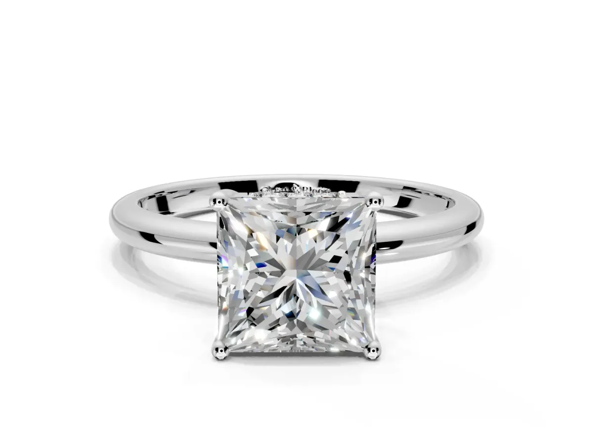 Hidden Halo Engagement Ring Setting for Princess Cut Center with Thin Round-Wire Band and Prong Head in White Gold