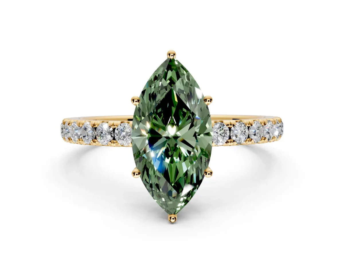 Solitaire Engagement Ring Setting for Fancy Green Marquise Center with Large Accent Band and Prong Head in Yellow Gold