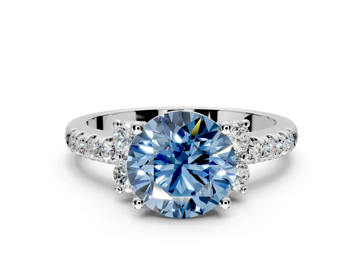 Paired Accent Engagement Ring Setting for Fancy Blue Round Cut Center with Pave Band and Prong Head in Sterling Silver