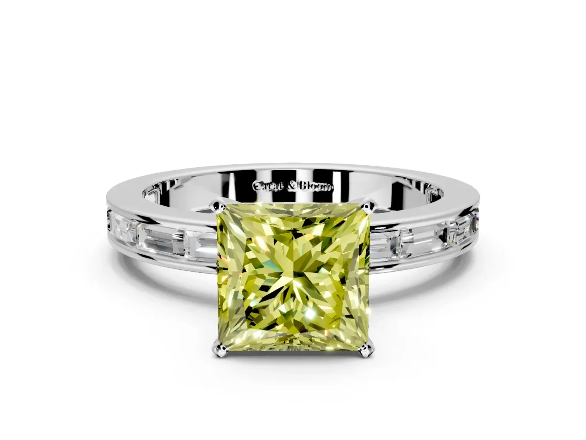 Solitaire Engagement Ring Setting for Fancy Yellow Princess Cut Center with Channel Baguette Band and Prong Head in Sterling Silver