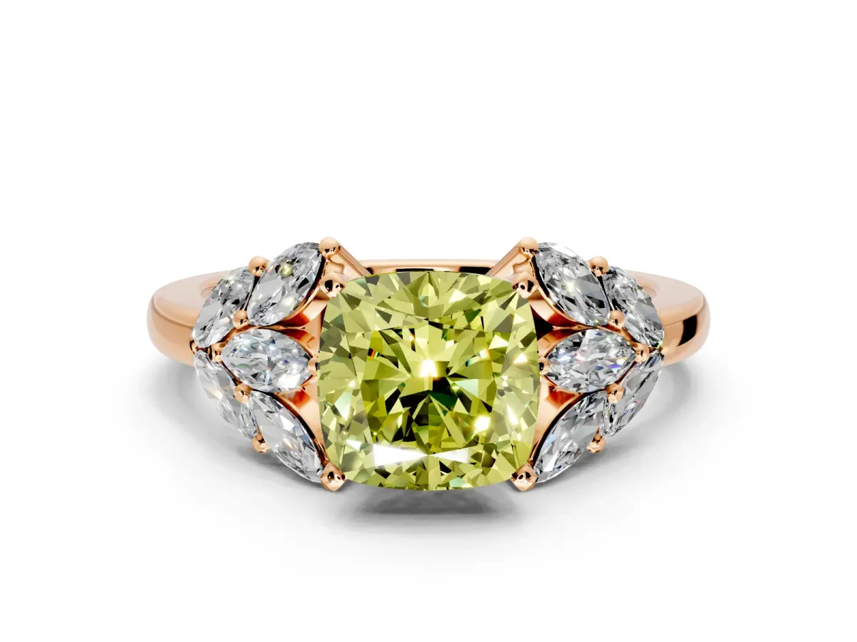 Leaf Cluster Engagement Ring Setting for Fancy Yellow Cushion Cut Center with Marquise Accents and Prong Head in Rose Gold