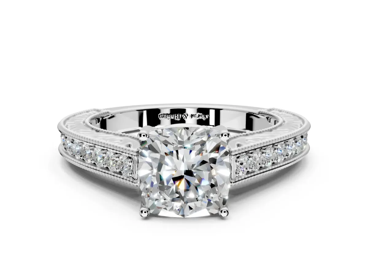 Solitaire Engagement Ring Setting for Cushion Cut Center with Engraved Pave Band and Prong Head in White Gold