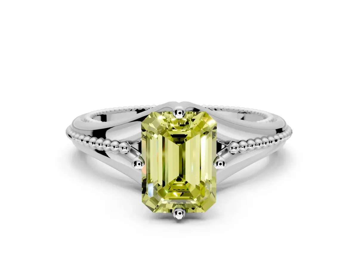 Solitaire Engagement Ring Setting for Fancy Yellow Emerald Cut Center with Milgrain Cathedral Band and Prong Head in Platinum