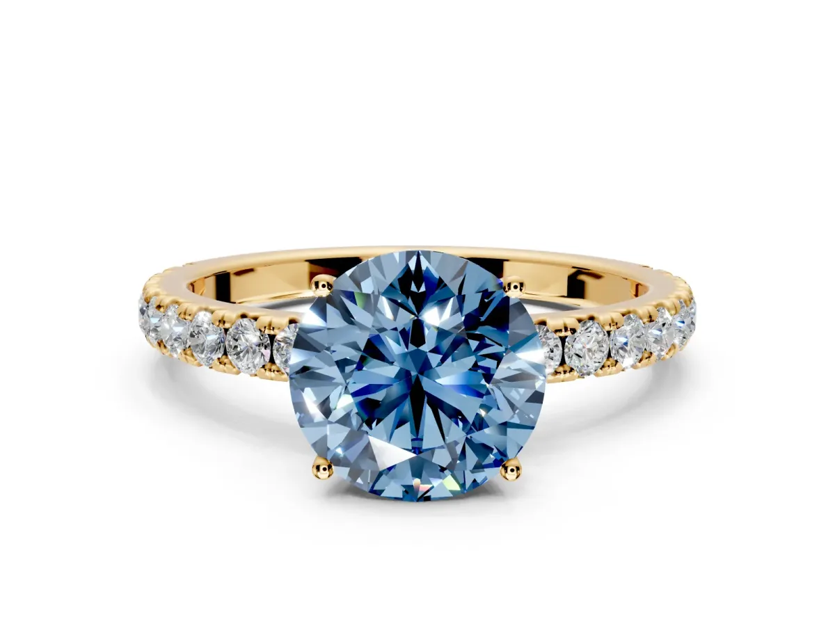 Solitaire Engagement Ring Setting for Fancy Blue Round Cut Center with Large Accent Band and Prong Head in Yellow Gold
