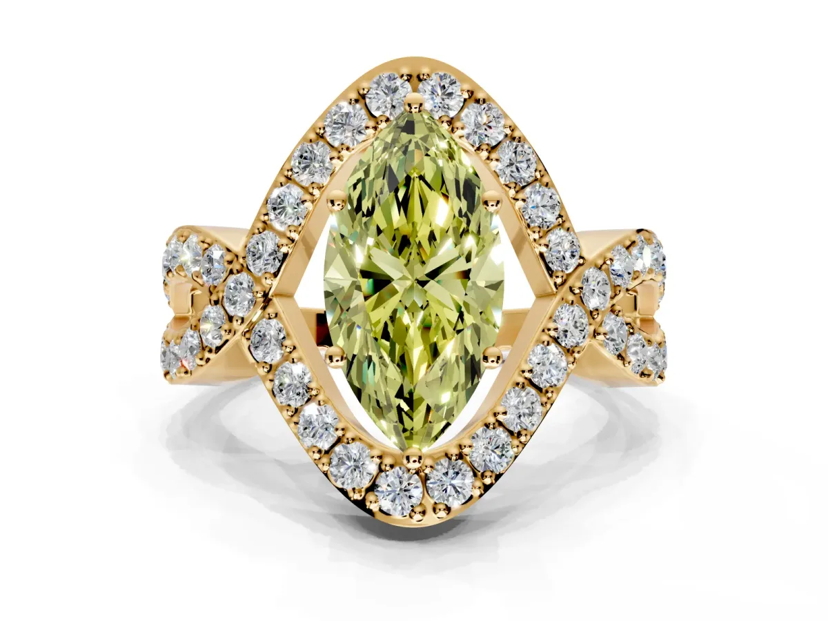 Halo Engagement Ring Setting for Fancy Yellow Marquise Center with Pave Infinity Twist Band and Prong Head in Yellow Gold
