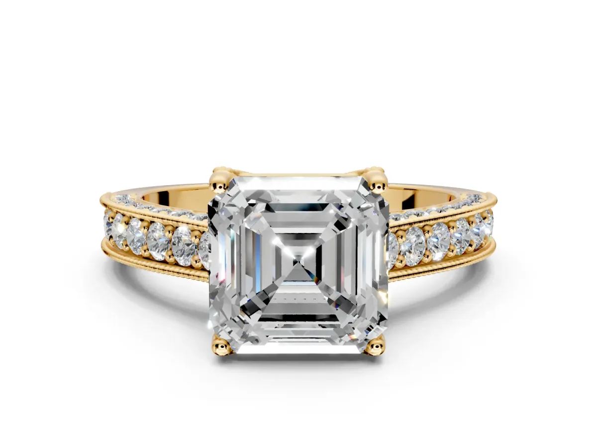 Solitaire Engagement Ring Setting for Asscher Cut Center with Milgrain-Framed Pave Band and Prong Head in Yellow Gold