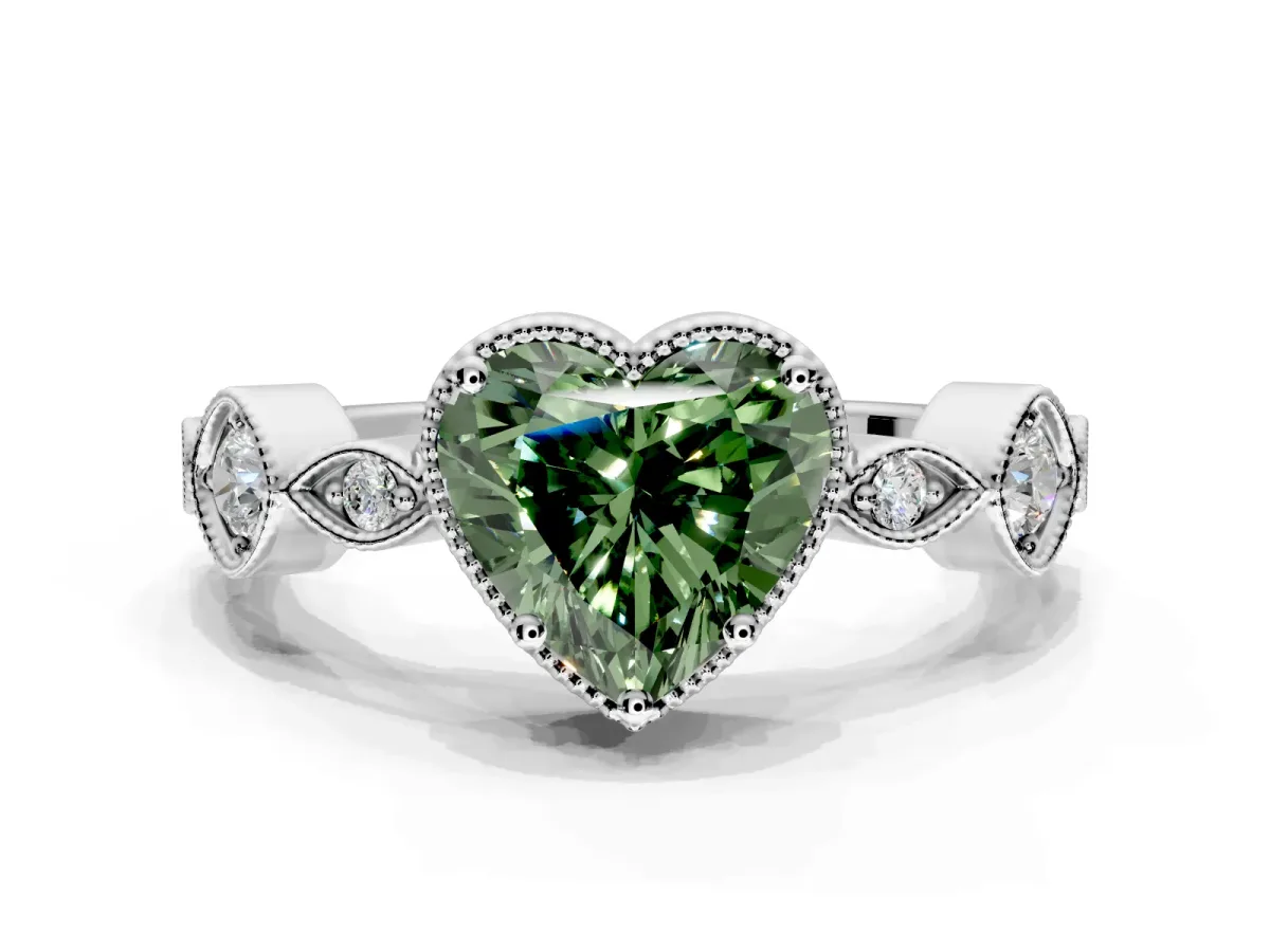 Vintage Station Engagement Ring Setting for Fancy Green Heart-Shaped Center with Accents and Prong Head in Platinum
