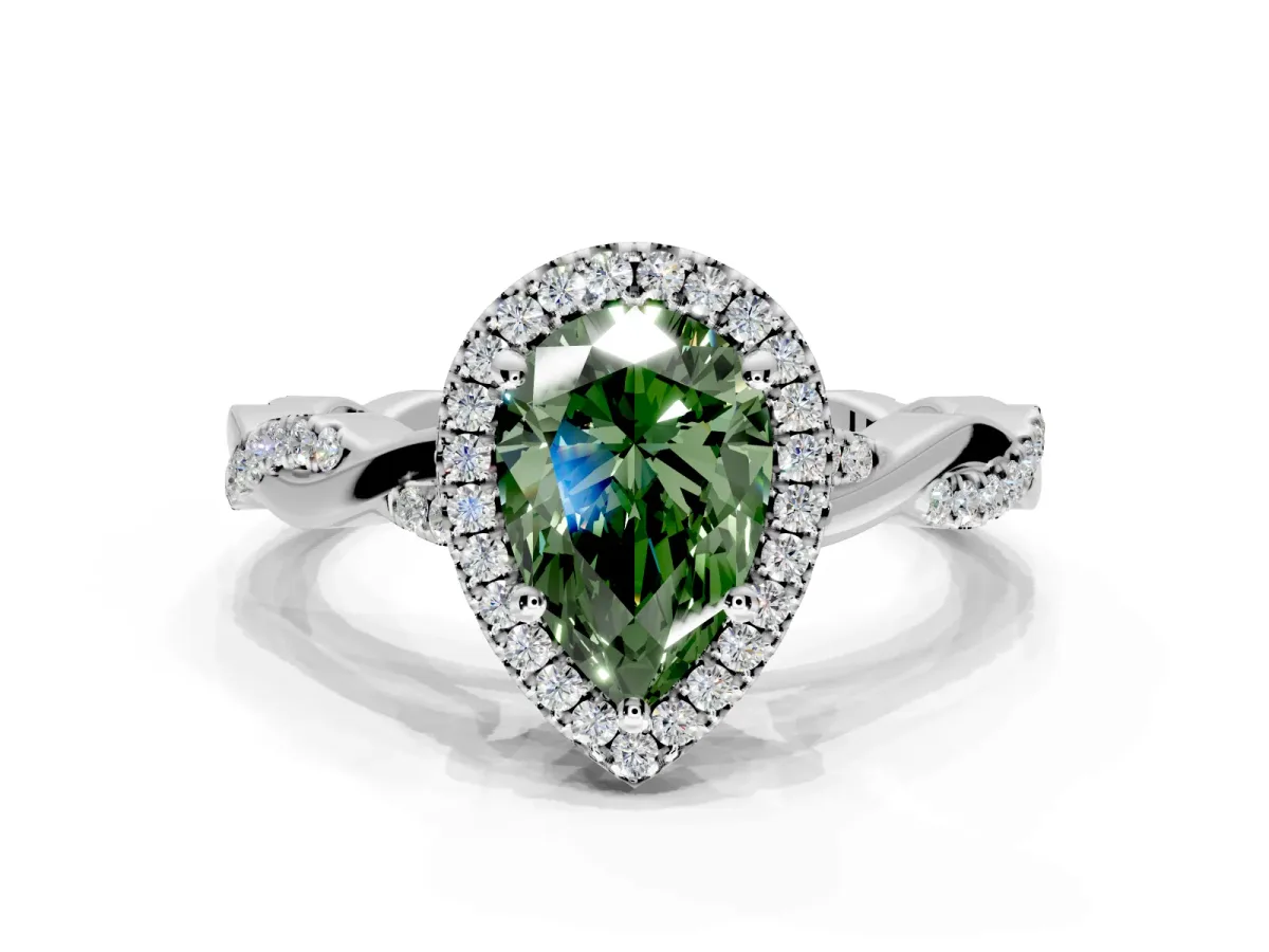 Halo Engagement Ring Setting for Fancy Green Pear-Shaped Center with Pave and Plain Twist Band and Prong Head in White Gold
