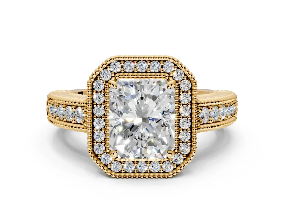 Milgrain Halo Engagement Ring Setting for Radiant Cut Center with Pave Band and Prong Head in Yellow Gold
