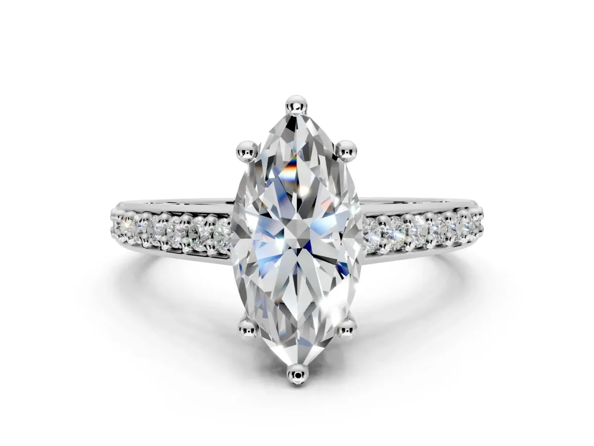 Solitaire Engagement Ring Setting for Marquise Center with Pave Cathedral Band and Prong Head in White Gold
