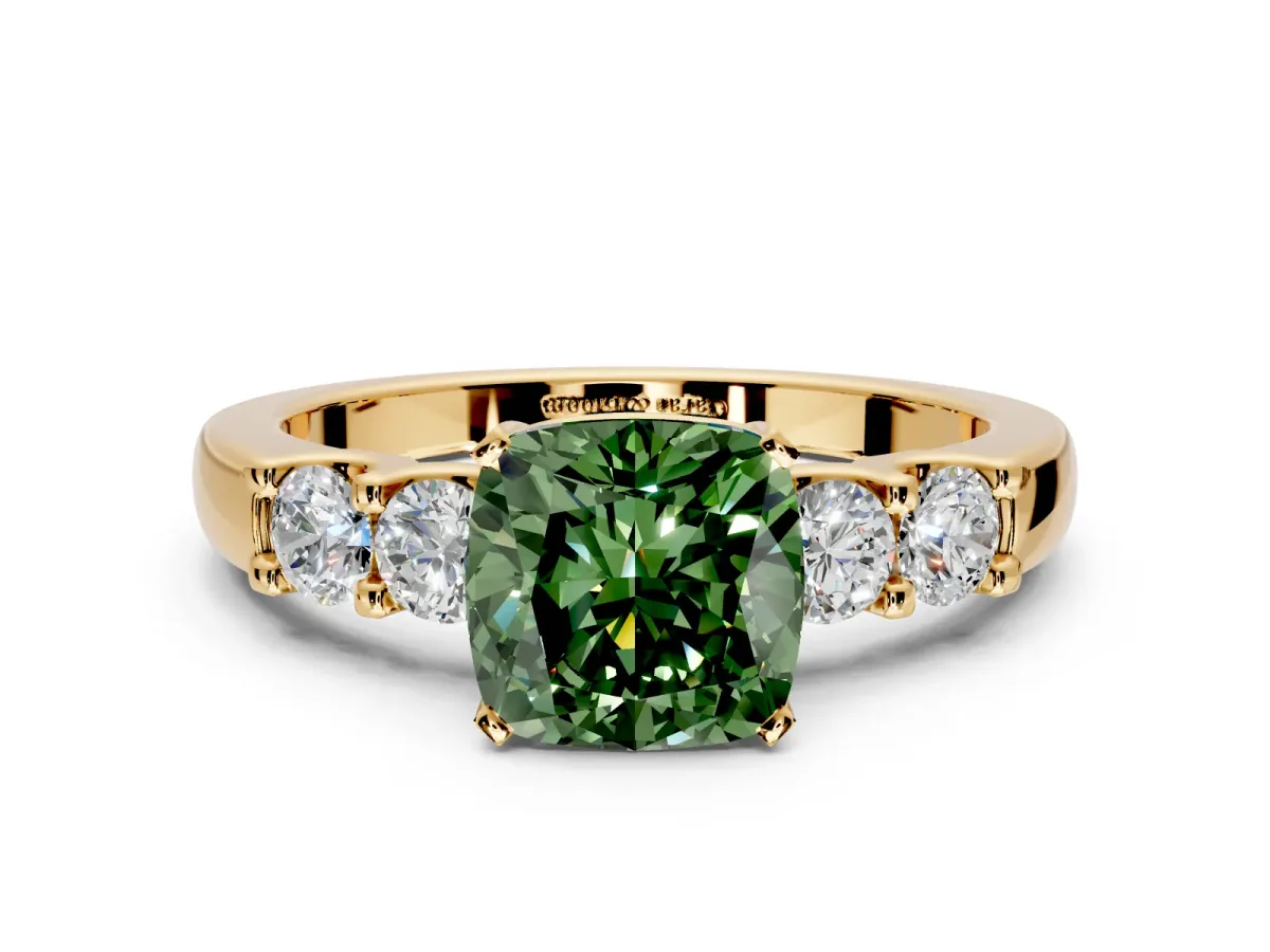 5 Stone Engagement Ring Setting for Fancy Green Cushion Cut Center with Plain Band and Prong Head in Yellow Gold