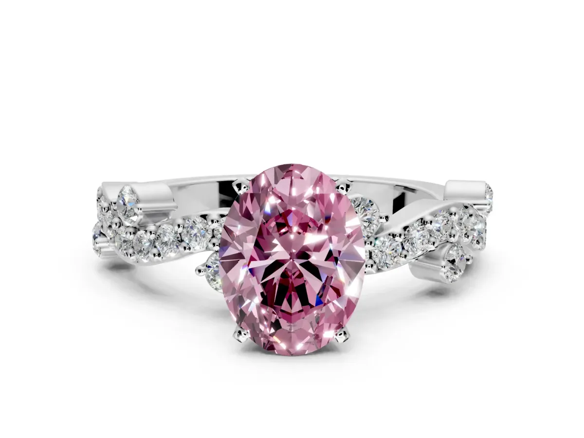 Solitaire Engagement Ring Setting for Fancy Pink Oval Center with Bar-Station Pave Twist and Prong Head in White Gold