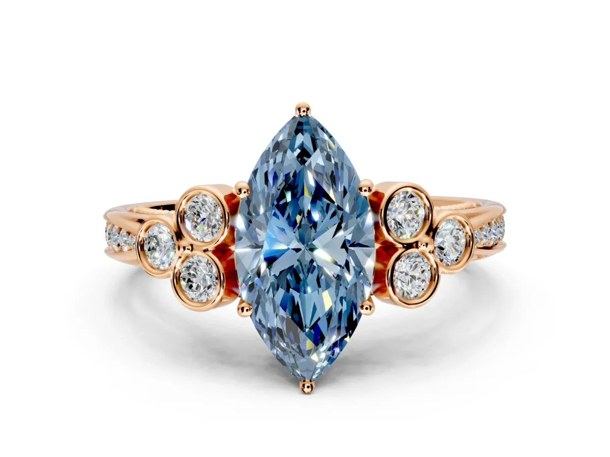 Cluster Engagement Ring Setting for Fancy Blue Marquise Center with Bezel Accent Clusters and Prong Head in Rose Gold