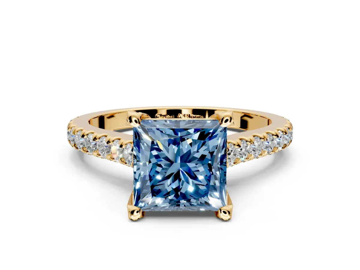 Solitaire Engagement Ring Setting for Fancy Blue Princess Cut Center with Widening Pave Band and Claw Prong Head in Yellow Gold