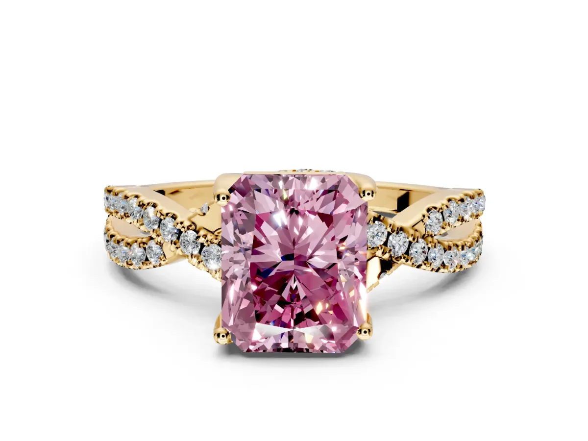 Solitaire Engagement Ring Setting for Fancy Pink Radiant Cut Center with Narrow Twist Pave Band and Prong Head in Yellow Gold