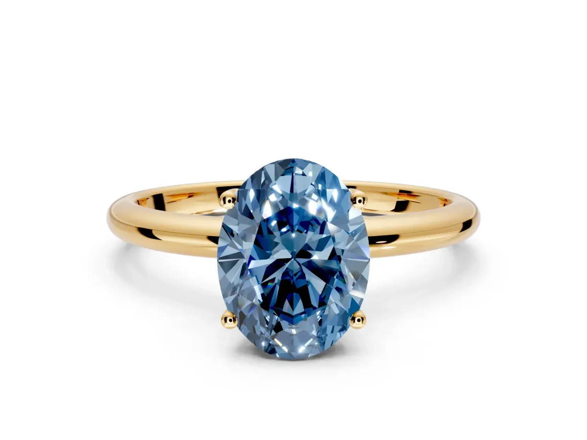 Hidden Halo Engagement Ring Setting for Fancy Blue Oval Center with Thin Round-Wire Band and Prong Head in Yellow Gold