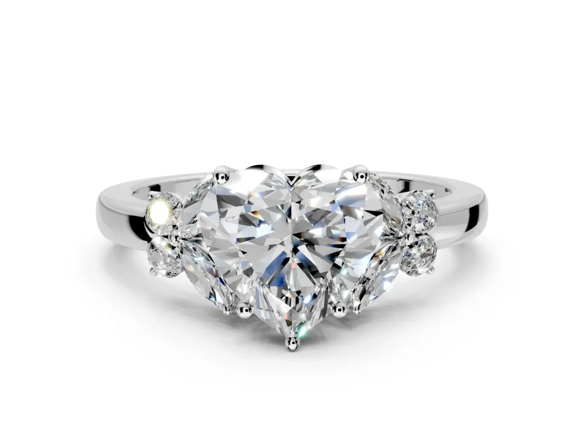 Solitaire Engagement Ring Setting for Heart-Shaped Center with Marquise Flower Shoulders and Prong Head in Platinum