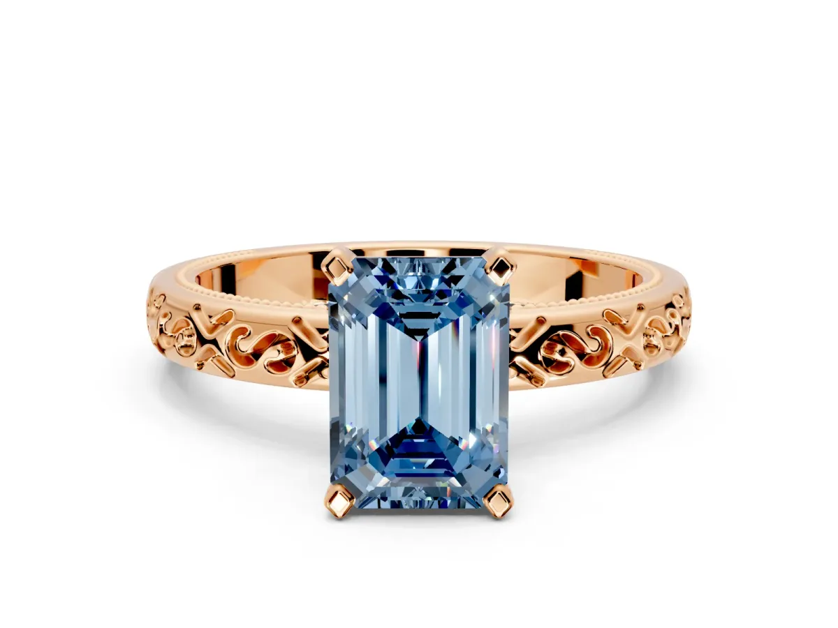 Solitaire Engagement Ring Setting for Fancy Blue Emerald Cut Center with Scrollwork Band and Prong Head in Rose Gold