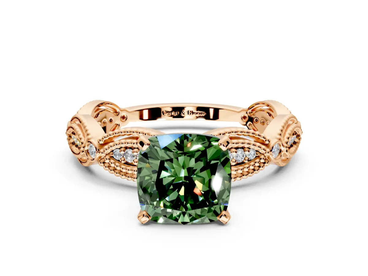 Solitaire Engagement Ring Setting for Fancy Green Cushion Cut Center with Marquise Panel Band and Prong Head in Rose Gold